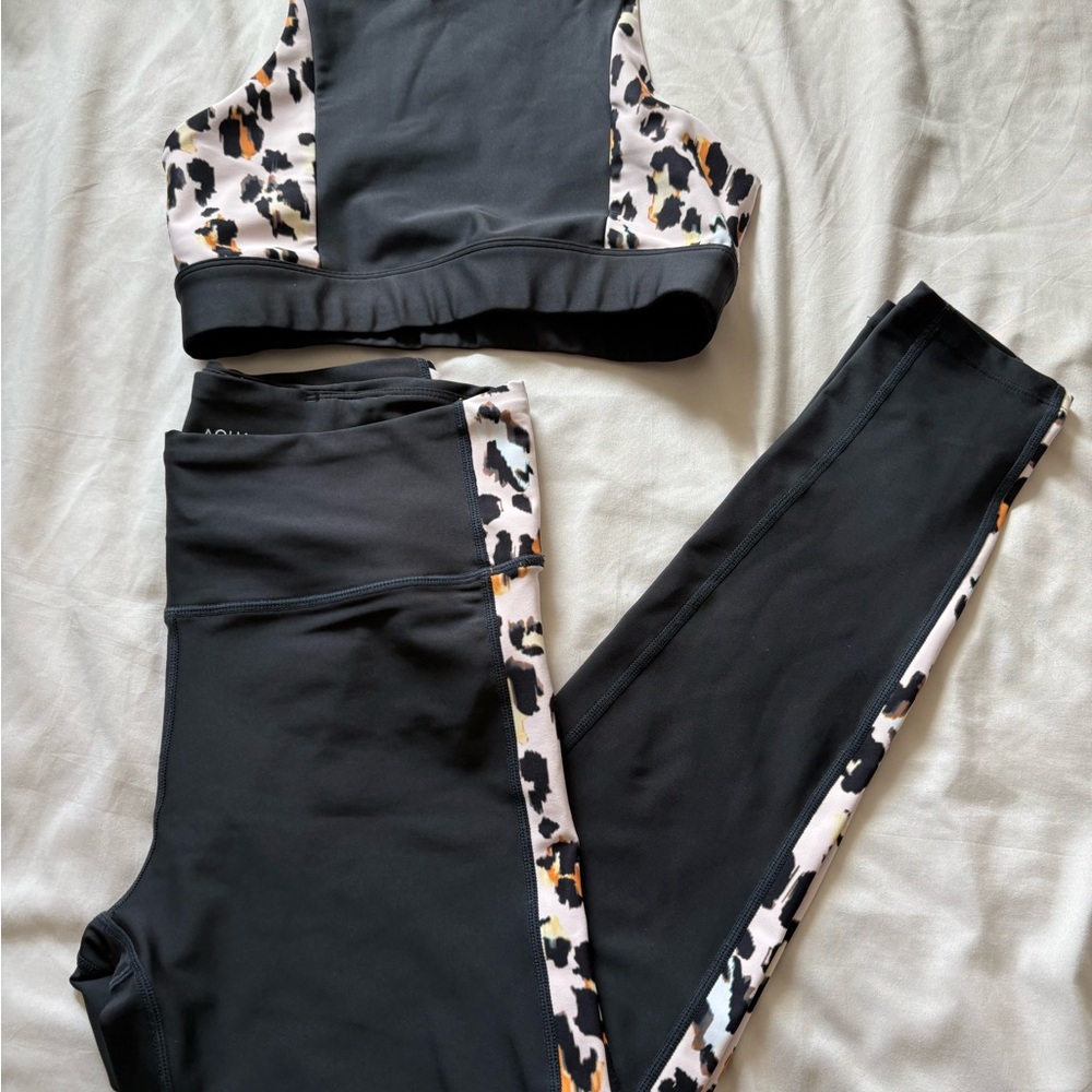 Aqua Black and Leopard Print Activewear Set
